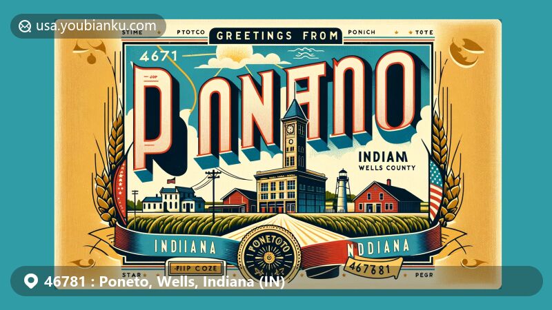 Modern illustration of Poneto, Wells County, Indiana, featuring peaceful rural landscape with open fields and clear sky, vintage postcard style with postal elements, including ZIP code 46781 and 'Poneto, Indiana'.