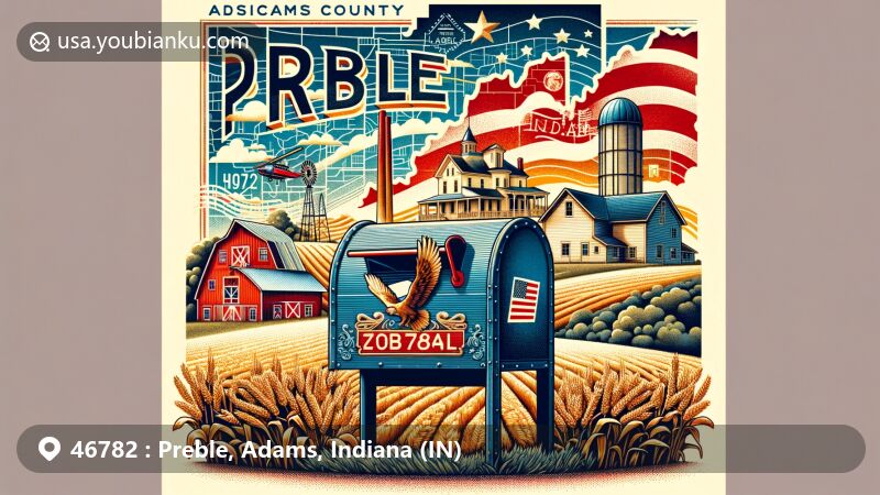 Modern illustration of Preble, Indiana, with vintage postcard theme and ZIP code 46782, featuring rural charm, granaries, and open fields.