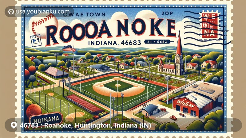 Modern illustration of Roanoke, Huntington, Indiana, with ZIP code 46783, featuring central park with baseball diamonds, tennis courts, and playground, Two-EE's Winery, and Indiana state flag.