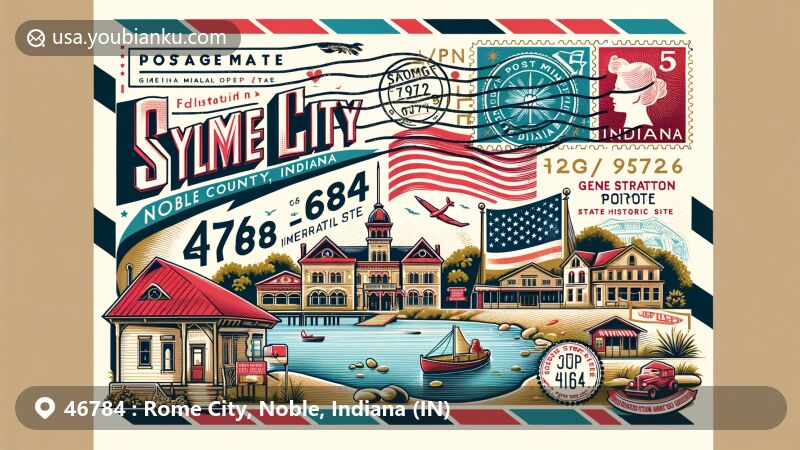 Modern illustration of Rome City, Noble County, Indiana, highlighting features like Sylvan Lake, Gene Stratton-Porter State Historic Site, and postal heritage, with vintage air mail envelope, Indiana state flag stamp, and postal marks.