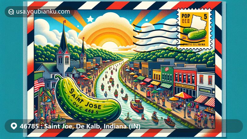 Modern illustration of Saint Joe, Indiana, showcasing Pickle Festival theme with ZIP code 46785, featuring festive activities and vibrant community spirit.