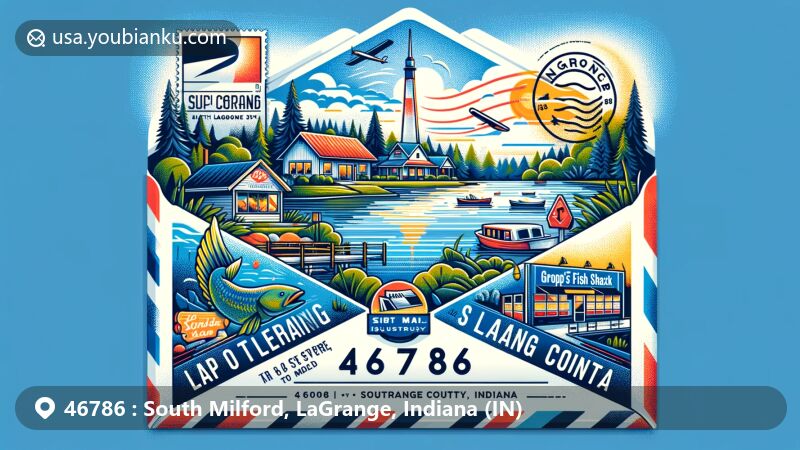 Modern illustration of South Milford, LaGrange County, Indiana, featuring air mail envelope design with ZIP code 46786, highlighting Big Long Lake and Gropp's Fish Shack.