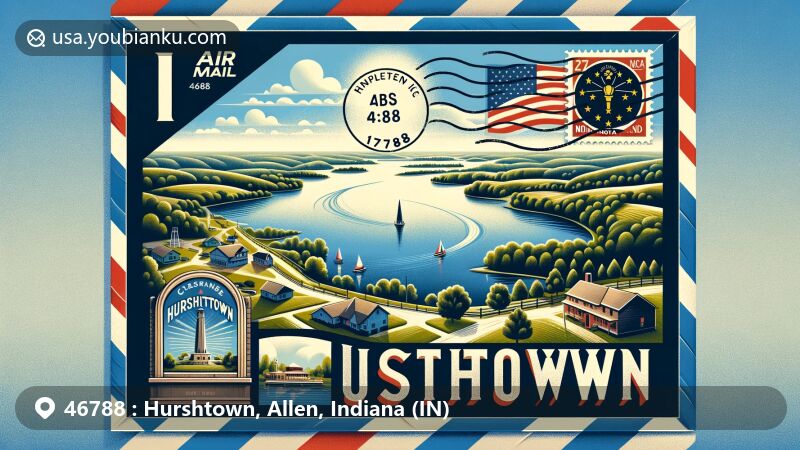 Creative illustration of Hurshtown, Allen County, Indiana, featuring air mail envelope background, Hurshtown Reservoir, postal stamp with Indiana flag, vintage postal cancellation mark, ZIP code 46788, and scenic countryside landscape.