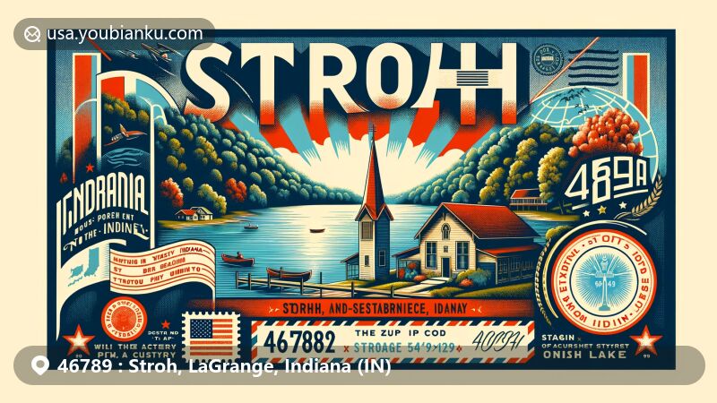 Modern illustration of Stroh, LaGrange County, Indiana, featuring postal theme with ZIP code 46789, showcasing Big Turkey Lake, Indiana state symbols, and rural community elements.