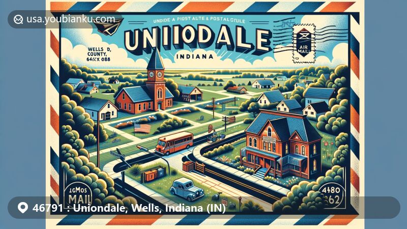 Modern illustration of Uniondale, Wells County, Indiana, featuring postal heritage and local landmarks, including antique post office, vintage postal van, classic mailbox, state symbols, and ZIP code 46791.