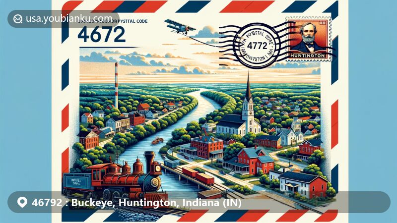 Modern illustration of Buckeye, Huntington County, Indiana, highlighting postal theme with ZIP code 46792, featuring historical roots dating back to 1879, city of Huntington, Wabash River, and iconic postal elements.