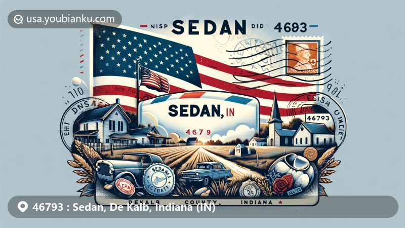 Vintage air mail envelope artwork inspired by Sedan, DeKalb County, Indiana, featuring ZIP Code 46793, rural community vibe, Sedan Cemetery, and Indiana state flag.
