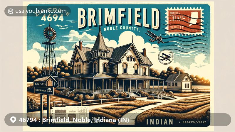 Modern illustration of Brimfield, Noble County, Indiana, featuring vintage postcard theme with ZIP code 46794, showcasing Steele-Yoder House in Greek Revival architecture and natural beauty of the area.