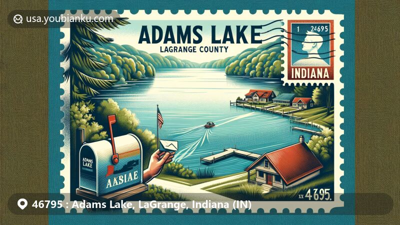 Creative postcard illustration featuring Adams Lake, LaGrange County, Indiana, with postal elements, showcasing serene lake view, lush greenery, vintage mailbox, and ZIP Code 46795.