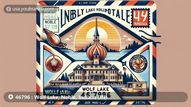 Modern illustration of Wolf Lake, Noble, Indiana, with vintage air mail envelope background, Luckey Hospital, and scenic Wolf Lake, featuring ZIP code 46796, Indiana state flag, and Onion Days Festival symbol.