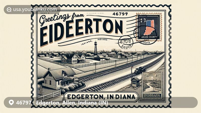 Modern illustration of Edgerton, Allen County, Indiana, capturing postal theme with ZIP code 46797, featuring railroad tracks, train station, American flag, and postmark '46797 Edgerton, IN'; 'Greetings from Edgerton, Indiana' in elegant typography with a landmark stamp.