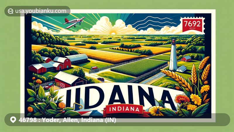 Modern illustration of Yoder, Allen County, Indiana, showcasing postal theme with ZIP code 46798, featuring scenic beauty and farmlands, with stylized Indiana outline.