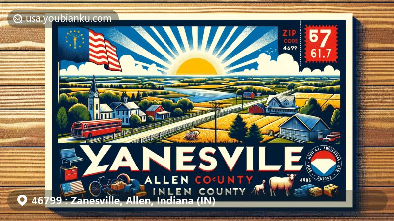 Modern illustration of Zanesville, Allen County, Indiana, representing small-town charm with diverse community elements and vibrant postal theme.
