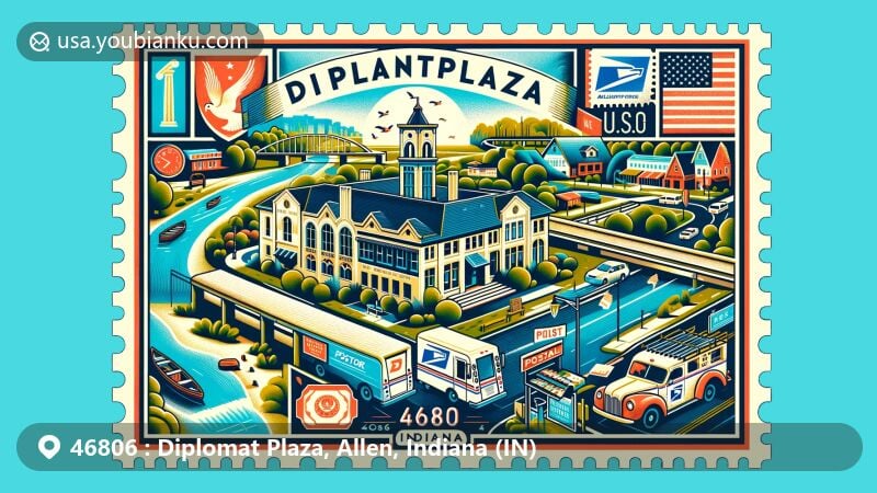 Contemporary illustration of Diplomat Plaza in Allen County, Indiana, showcasing regional and postal elements, featuring Fort Wayne's suburban charm and Eel River Township's natural beauty, highlighting Diplomat Plaza Post Office and symbolic postal motifs with ZIP code 46806.