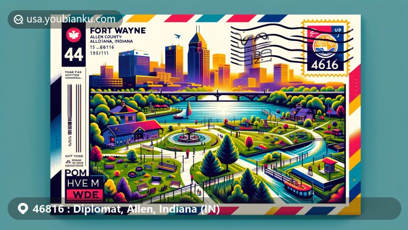 Modern illustration of Fort Wayne, Allen County, Indiana, featuring vibrant postcard design highlighting urban and cultural charm, parks, green spaces, and community atmosphere, incorporating iconic symbols of Fort Wayne and postal elements with ZIP code 46816.
