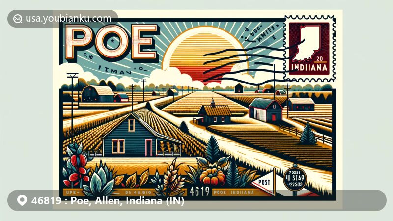 Modern illustration of Poe, Indiana, highlighting postal theme with ZIP code 46819, featuring rural landscape and iconic landmarks, incorporating postage stamp and postmark on an enveloped edge.