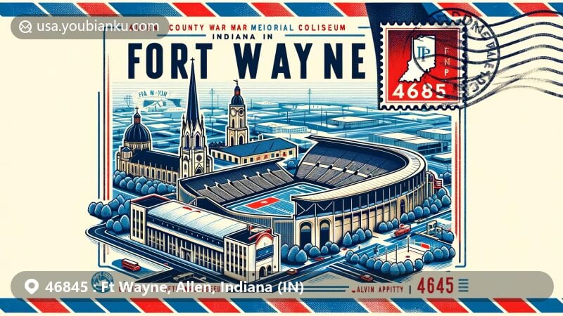Modern illustration of Fort Wayne, Indiana, in the 46845 ZIP code area of Allen County, featuring iconic landmarks like Parkview Field, War Memorial Coliseum, Cathedral of the Immaculate Conception, and Johnny Appleseed Memorial Park.