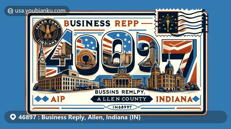 Modern illustration of Business Reply, Allen, Indiana, featuring vintage air mail envelope with ZIP code 46897, Allen County Courthouse, and Indiana state flag stamp.