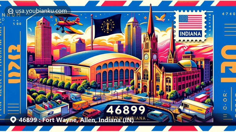 Modern illustration of Fort Wayne, Allen County, Indiana, featuring Parkview Field, Allen County War Memorial Coliseum, Embassy Theatre, and Cathedral of the Immaculate Conception, with American and Indiana state symbols.