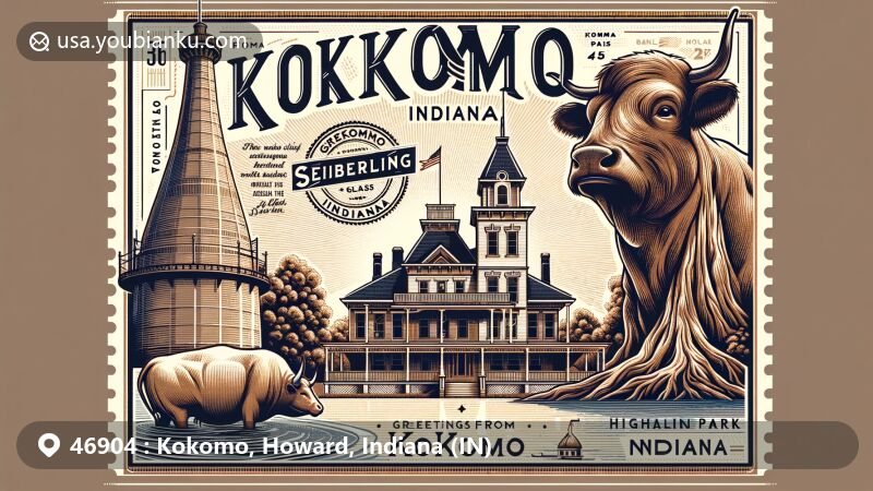 Modern illustration of Kokomo, Indiana, featuring Seiberling Mansion, Old Ben, Giant Sycamore Stump, and Kokomo Opalescent Glass, blending postal art with local history and natural landmarks.