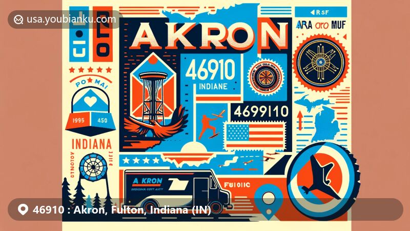 Contemporary illustration of Akron, Indiana, with ZIP code 46910, showcasing local charm and postal motifs, featuring outdoor recreational activities and Indiana state symbols.