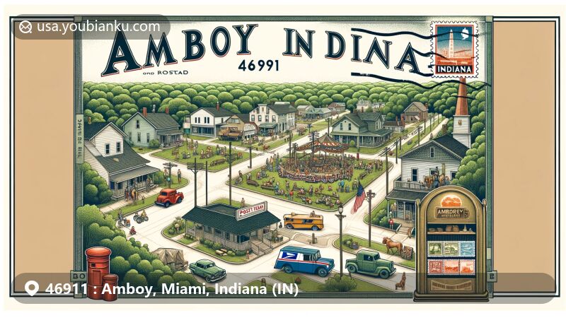 Modern illustration of Amboy, Indiana, USA, with vintage postcard motif displaying ZIP Code 46911, featuring Amboy Fall Festival elements, including parade, car show, and community activities.