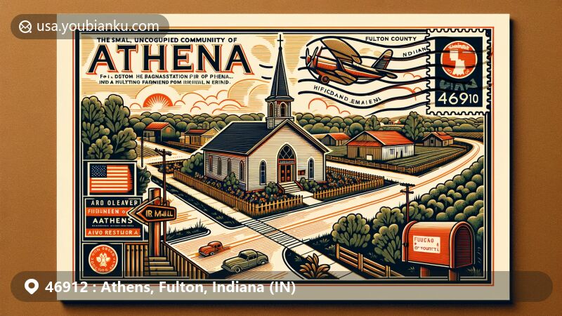 Modern postcard-style illustration of Athens, Fulton County, Indiana, featuring rural charm, historical background, and postal elements, highlighting ZIP code 46912 and connectivity via Indiana State Road 14.