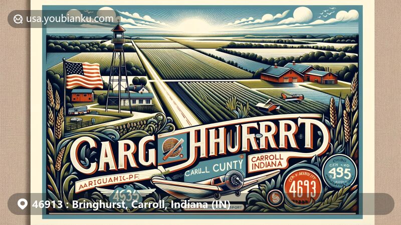 Modern illustration of Bringhurst, Carroll County, Indiana, featuring postcard design with ZIP code 46913, showcasing Flora Municipal Airport and agricultural richness.