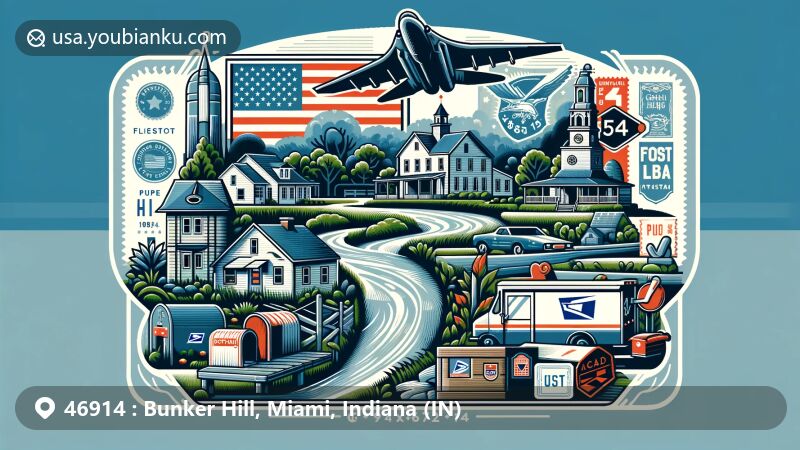 Creative illustration of Bunker Hill, Indiana, with postal theme showcasing ZIP code 46914, featuring Grissom Air Reserve Base, Pipe Creek, and a commemorative representation of the town's establishment in 1851.