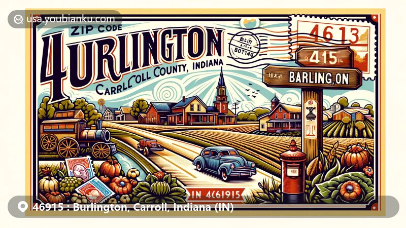 Modern illustration of Burlington, Carroll County, Indiana, inspired by vintage postcards, showcasing rural farmland, town center, and historic Michigan Road, with postal theme elements like stamps, postal mark 'Burlington, IN 46915', and old-fashioned mailbox.
