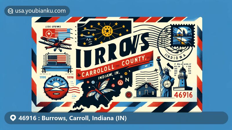 Modern illustration of Burrows, Carroll County, Indiana, in postcard format with airmail envelope background, showcasing ZIP code 46916, Indiana state flag, map outline of Carroll County, and unique cultural elements of Burrows.