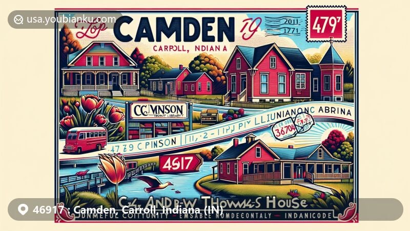 Modern illustration of Camden, Carroll County, Indiana, incorporating postal theme with ZIP code 46917, showcasing Jackson Township Public Library in the historic Andrew Thomas House, set against the backdrop of north-central Indiana's rural landscape.