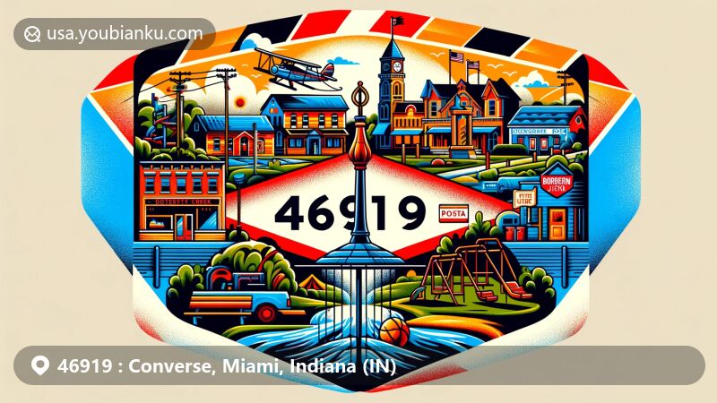 Modern illustration of Converse, Indiana, in Miami County, featuring ZIP code 46919 creatively designed in an airmail envelope shape, showcasing key landmarks like downtown area, Converse Junction Trail, Bordermen Park, Little Pipe Creek, and Taylor Creek.