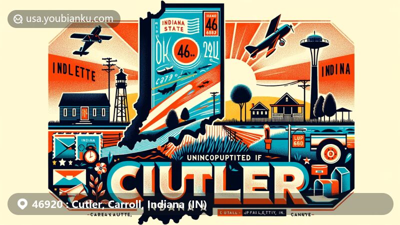 Modern illustration of Cutler, Carroll County, Indiana, highlighting postal theme with ZIP code 46920, featuring Indiana state silhouette, Carroll County outline, and elements representing the unincorporated community of Cutler.
