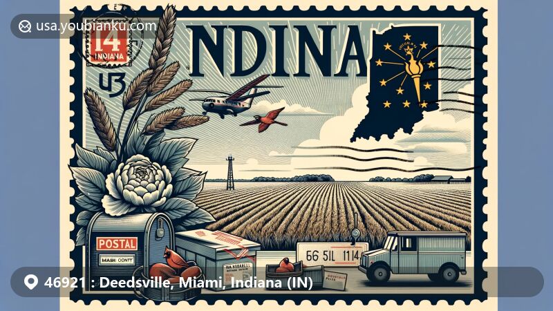 Modern illustration of Deedsville, Miami County, Indiana, showcasing postal theme with ZIP code 46921, featuring Indiana state symbols like peony, tulip poplar, and cardinal.