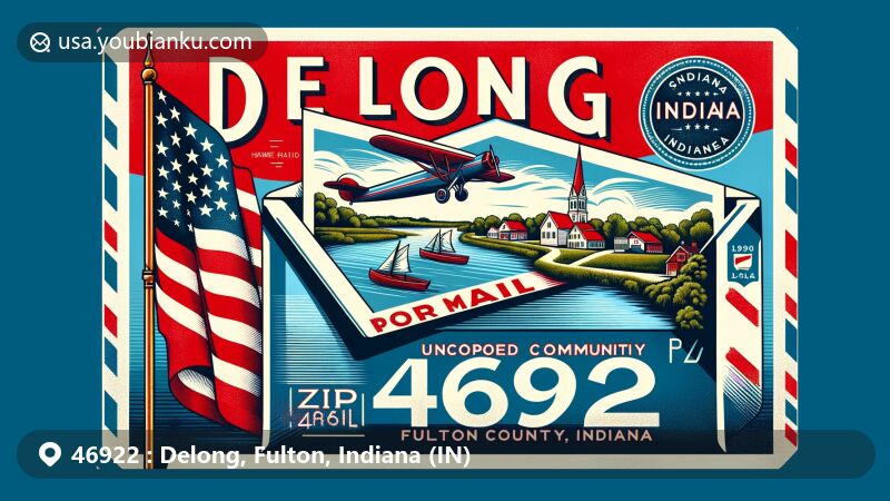 Vintage-style illustration of Delong, Fulton County, Indiana, featuring air mail envelope with postcard revealing picturesque view, Indiana state flag, and ZIP code 46922.