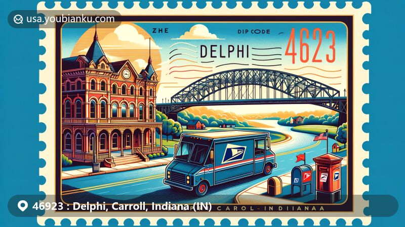 Modern illustration of Delphi, Carroll County, Indiana, featuring Delphi Opera House and Monon High Bridge, with postal theme and ZIP code 46923.