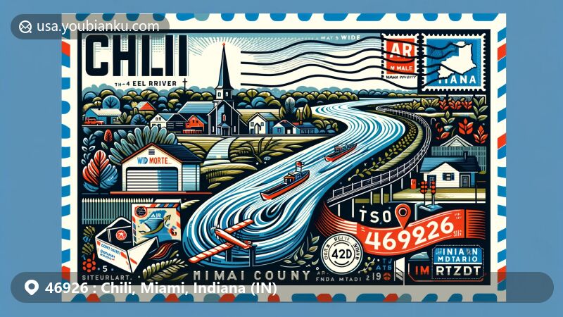 Modern illustration of Chili, Miami County, Indiana, highlighting natural beauty and community characteristics, featuring Eel River and Indiana State Road 19.