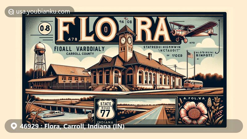 Vintage-style illustration of Flora, Carroll County, Indiana, showcasing ZIP code 46929, featuring Vandalia Railroad Depot museum, State Roads 75 and 18, Flora Municipal Airport, and local flora and fauna.
