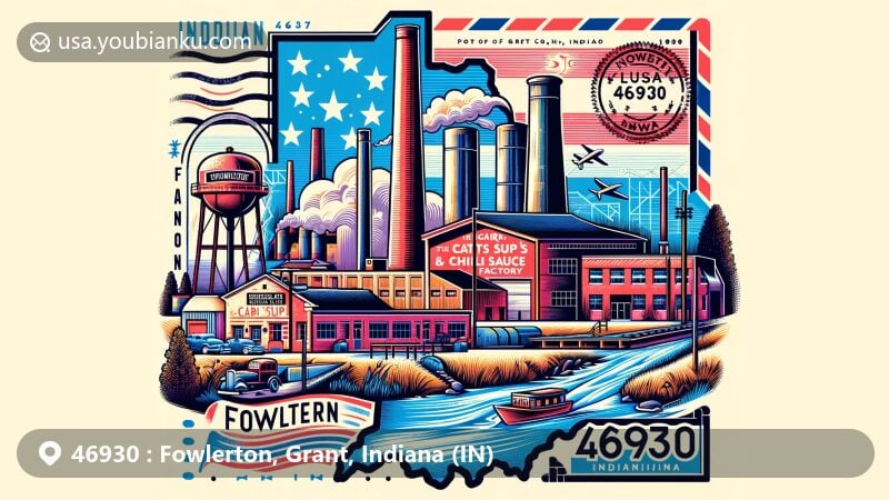 Modern depiction of Fowlerton, Indiana, ZIP code 46930, showcasing town's history, post-flood recovery, Meguiar's Catsup & Chili Sauce factory remnants, vintage postal elements, and Indiana's location within Grant County.