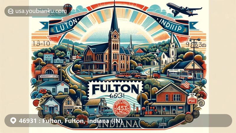 Modern illustration of Fulton, Indiana, highlighting small-town charm with community center, parks, landmarks, and postal elements like vintage stamp and air mail envelope.