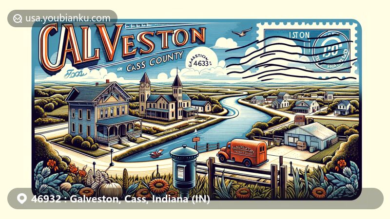 Modern illustration of Galveston, Cass County, Indiana, capturing rural charm and serene ambiance, featuring Wabash River symbolizing county's geography, vintage postcard elements with ZIP code 46932, and nostalgic postal imagery.