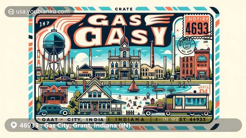 Modern illustration of Gas City, Grant County, Indiana, with ZIP code 46933, capturing the historic 'Boom Town' known for its natural gas boom and notable landmarks like Gas City High School and Gas City Park.