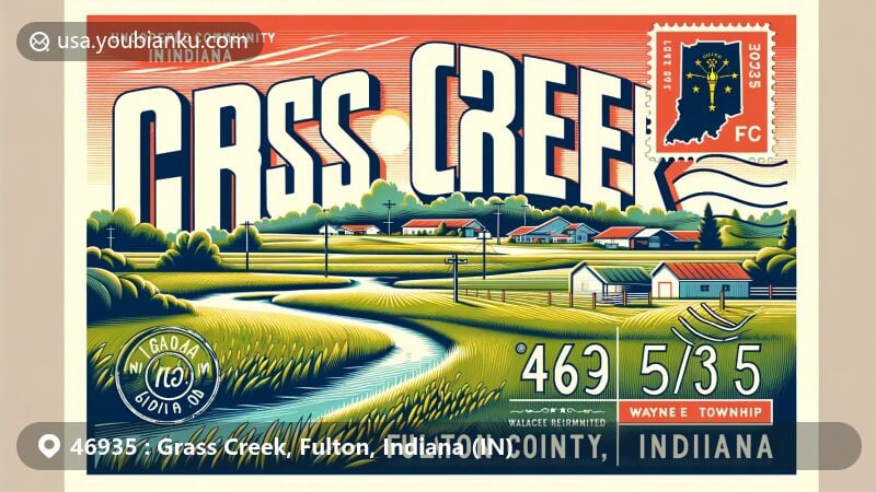 Modern illustration of Grass Creek, Fulton County, Indiana, featuring rural landscape and postal theme with ZIP code 46935, showcasing Indiana state flag.