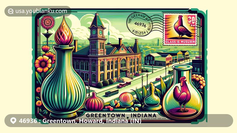Modern illustration of Greentown, Howard, Indiana, highlighting historical significance and glass industry heritage, featuring iconic Town Hall housing Greentown Glass Museum. Depicts vibrant postcard-style design encapsulating town's history, culture, and ties to glass industry, with symbolic representations of famous glassware like 'Chocolate,' 'Golden Agate,' and 'Rose Agate' drops and tassels on pitchers or eggshell chickens. Includes postal elements to emphasize ZIP code 46936, such as stamp with town landmark, postal mark with date, and vintage postcard layout displaying prominent ZIP code.