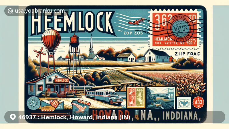 Modern illustration of Hemlock, Howard County, Indiana, showcasing rural landscape along State Road 26, featuring vintage postcard or air mail envelope with stamps, postmarks, and prominent ZIP code 46937.