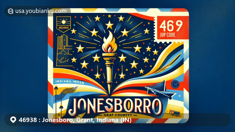 Colorful illustration of Jonesboro, Grant County, Indiana, inspired by vintage air mail envelope design, featuring Indiana state flag with blue background, gold torch, and stars, showcasing local heritage and ZIP code 46938.