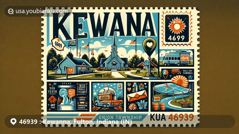 Modern illustration of Kewanna, Indiana, reflecting small-town charm and community spirit with ZIP code 46939, featuring Fall Festival, art shows, and Union Township Park. Includes postal-themed design elements like vintage postcard format, stamp, postmark, and mailing imagery.