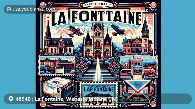 Modern illustration of La Fontaine, Indiana, featuring LaFontaine Historic District and Miami Indian Cemetery, with postal elements like vintage airmail envelope, stamps, and ZIP code 46940.