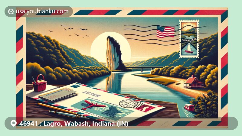 Modern illustration of Hanging Rock National Natural Landmark in Lagro, Indiana, featuring the iconic silhouette against the Wabash River on a vintage airmail envelope with Indiana state symbols and postal elements.